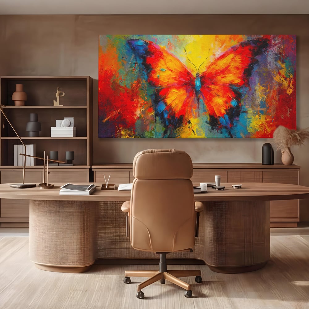 Tablou canvas cu pictura orizontala cu fluture colorat, fara rama, pe sasiu de lemn, pe perete intr-un birou